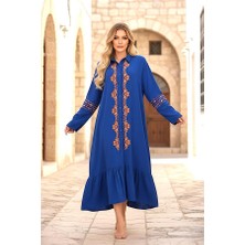Modanı Seç Saks Mavi Önü ve Kolları Nakışlı Etekleri Fırfırlı Uzun Gömlek Elbise