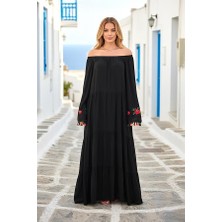 Modanı Seç Siyah Madonna Yaka Kolları Çiçek Nakışlı Püsküllü Eteği Kat Kat Uzun Elbise