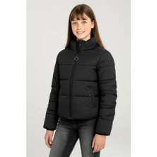 Modanı Seç Kız Çocuk Siyah Sırtı Taş Baskılı Dik Yaka Şişme Mont