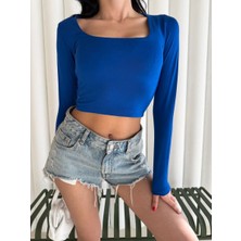 Modanı Seç Kadın Kare Yaka Uzun Kol Bluz - Mavi