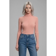 Modanı Seç Kadın Pudra Pembe Tam Boğazlı Fitilli Triko Kazak - Yumuşak Dokulu Kışlık Slim Fit Örme Bluz