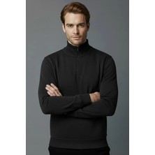 Modanı Seç Unisex Kışlık Siyah Yarım Fermuarlı Dik Yaka 2 Iplik Basic Sweatshirt