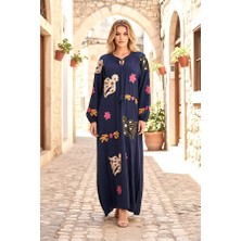 Modanı Seç Lacivert Sıfır Yaka Önü ve Kolları Nakışlı Püsküllü Uzun Elbise