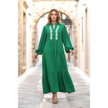 Modanı Seç Yeşil Önü Nakışlı Balon Kol Eteği Kat Kat Uzun Elbise