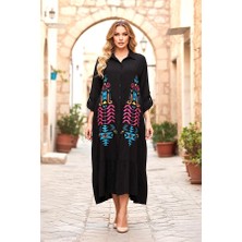 Modanı Seç Siyah Otantik Nakışlı Kolu Apoletli Eteği Fırfırlı Uzun Gömlek Elbise