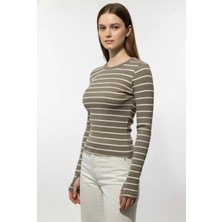 Modanı Seç Kadın Çizgili Parmak Geçmeli Bluz - Kahverengi