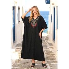 Modanı Seç Siyah V Yaka Göğsü Nakışlı Cepli Oversize Uzun Elbise