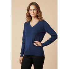 Modanı Seç Kadın V Yaka Mavi Triko Kazak