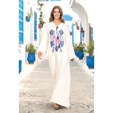 Modanı Seç Beyaz Sıfır Yaka Balon Kollu Çiçek Nakışlı Uzun Elbise