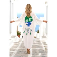 Modanı Seç Beyaz V Yaka Sırtı Palmiye Aplike Nakışlı Püsküllü Cepli Uzun Gömlek Elbise