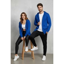 Modanı Seç Unisex Saks Mavi Oversize Kalıp 2 Iplik Kapüşonlu Fermuarlı Sweatshirt Ceket Hırka