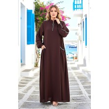 Modanı Seç Kahverengi Nakışlı Fermuarlı Uzun Elbise