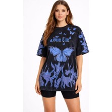 Asyahsap Asit Yıkamalı Oversize Tişört Mavi Kelebek Baskılı Dijital Print Bisiklet Yaka Streetwear T-Shirt - Siyah