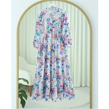 Modamorfo Karışık Çiçek Baskılı Yarım Düğmeli Parçalı Elbise  -Mavi