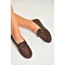 Fox Shoes Y996073102 Kahverengi Süet Renkli Motif Işlemeli Kadın Babet