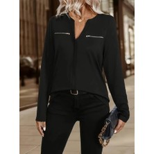 Civetta Kadın Uzun Kollu V Hakim Yaka Fermuar Detaylı Viskon Bluz