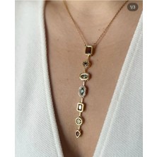 Eredka Renkli Taşlı Çelik Y Model Paslanmaz Çelik Kolye