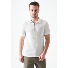 Tena Erkek Ekru Ayaklı Yaka Fermuarlı Ağır Jakar Tişört