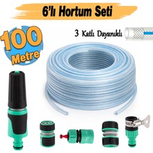 Badem10 Üç Katlı Şeffaf Sağlam Bahçe Hortumu 100 Metre Çeşme Su Sulama Hortum 6'lı Bağlantı Adaptör Seti