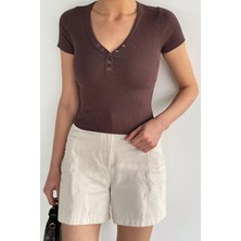 Gülseli Kadın V Yaka Ön Çıtçıtlı Likralı Bluz P-00020624