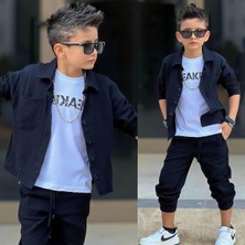 Bambam Erkek Çocuk Siyah Müslin 3 Parça Takım Gömlek Tişört Pantolon Kombin 12001S