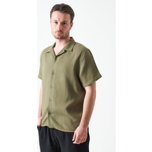 Tena Erkek Haki Kısa Kol Apaj Yaka Müslin Regular Gömlek