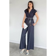 Gülseli Kadın Saten Kemerli Jean Kot Yelek Bel Lastikli Pantolon Ikili Takım P-00020659