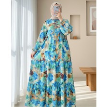 Modamorfo Karışık Desen Yarım Düğmeli Kolu Lastikli Elbise -Mavi