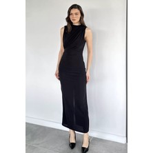 Gülseli Kadın Dik Yaka Bel ve Omuz Drapeli Yırtmaç Detaylı Likralı Elbise P-00020619