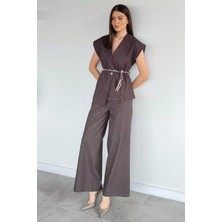 Gülseli Kadın Saten Kemerli Jean Kot Yelek Bel Lastikli Pantolon Ikili Takım P-00020659