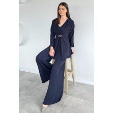 Gülseli Kadın V Yaka Gold Tokalı Bluz Bel Lastikli Palazzo Pantolon Ikili Takım P-00020661