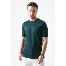 Tena Erkek Nefti-Yeşil Bisiklet Yaka Omuz Kalın Şerit Detaylı Tişört