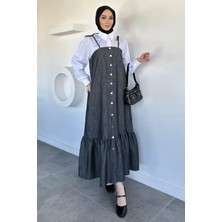 Julude Gülseli Boydan Düğmeli Bağlama Detaylı Garnili Tesettür Elbise P-00020677