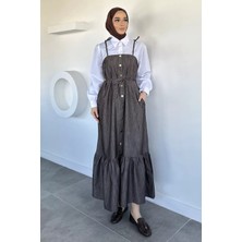 Julude Gülseli Boydan Düğmeli Bağlama Detaylı Garnili Tesettür Elbise P-00020677