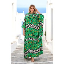 Modanı Seç Yeşil Dik Yaka Etnik Desenli Yarasa Kol Oversize Uzun Elbise