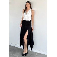 Gülseli Kadın Bel Lastikli Büzgü Detaylı Asimetrik Kesim Yırtmaçlı Etek P-00020616