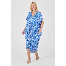 Modanı Seç Saks Mavi Desenli V Yaka Tasarım Cepli Elbise