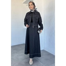 Julude Gülseli Jean Kot Ceket Bel Lastikli Etek Tesettür Ikili Takım P-00020773