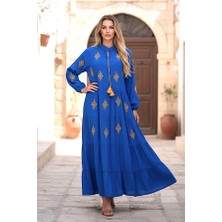 Modanı Seç Saks Mavi Önü ve Kolları Otantik Nakışlı Eteği Kat Kat Uzun Elbise