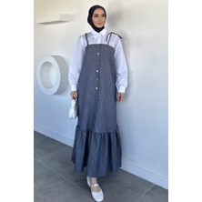 Julude Gülseli Boydan Düğmeli Bağlama Detaylı Garnili Tesettür Elbise P-00020677