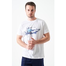 Tena Erkek Ekru Bisiklet Yaka Köpekbalığı Baskılı Tişört