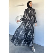 Julude Desenli Bel Lastikli Şifon Tesettür Elbise P-00020605
