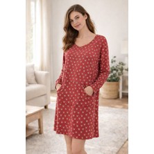 U&me Owl Mini Baykuş Desenli Uzun Kollu Cepli Pamuk Kadın Gecelik, Rahat Ev Giyimi Kırmızı