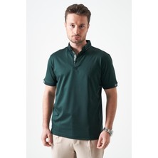 Tena Erkek Nefti-Yeşil Ayaklı Düğmeli Yaka Desenli Şerit Detaylı Tişört