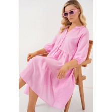 Sidelya Concept Düğmeli Kısa Kol Elbise 2559 - Pembe