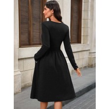 Moda Loris Kadın Uzun Kollu V Yakalı Cepli Midi Ithal Krep Elbise