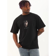 Velmora Fashion      Oversize Baskılı Bisiklet Yaka T-Shirt - Siyah -