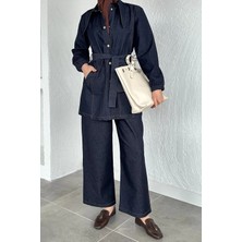 Julude Gülseli Uzun Yakalı Kot Tunik Pantolon Tesettür Ikili Takım P-00020540