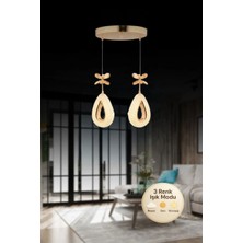 Litra Lighting Damla Model 2'li Gold 3 Renk Modu Ledli Kristal Taşlı Modern Salon Mutfak Oturma Odası LED Avize