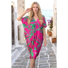 Modanı Seç Fuşya Dal Desenli V Yaka Tasarım Cepli Elbise